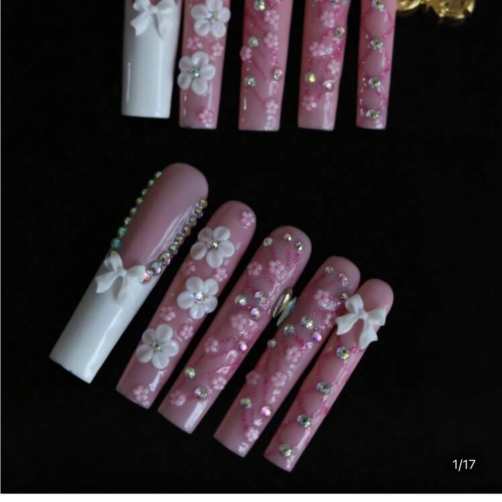 Handcrafted Pink 3D Floral Rhinestone Press-On Nails